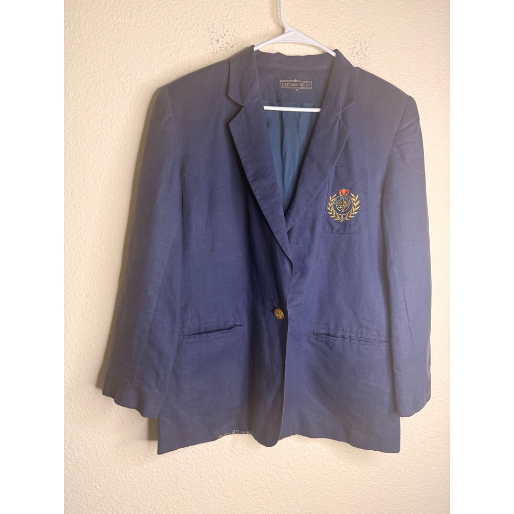 Herman Geist Vintage Blazer Womens 8 Navy Blue Crest Academic Preppy Shacket L
